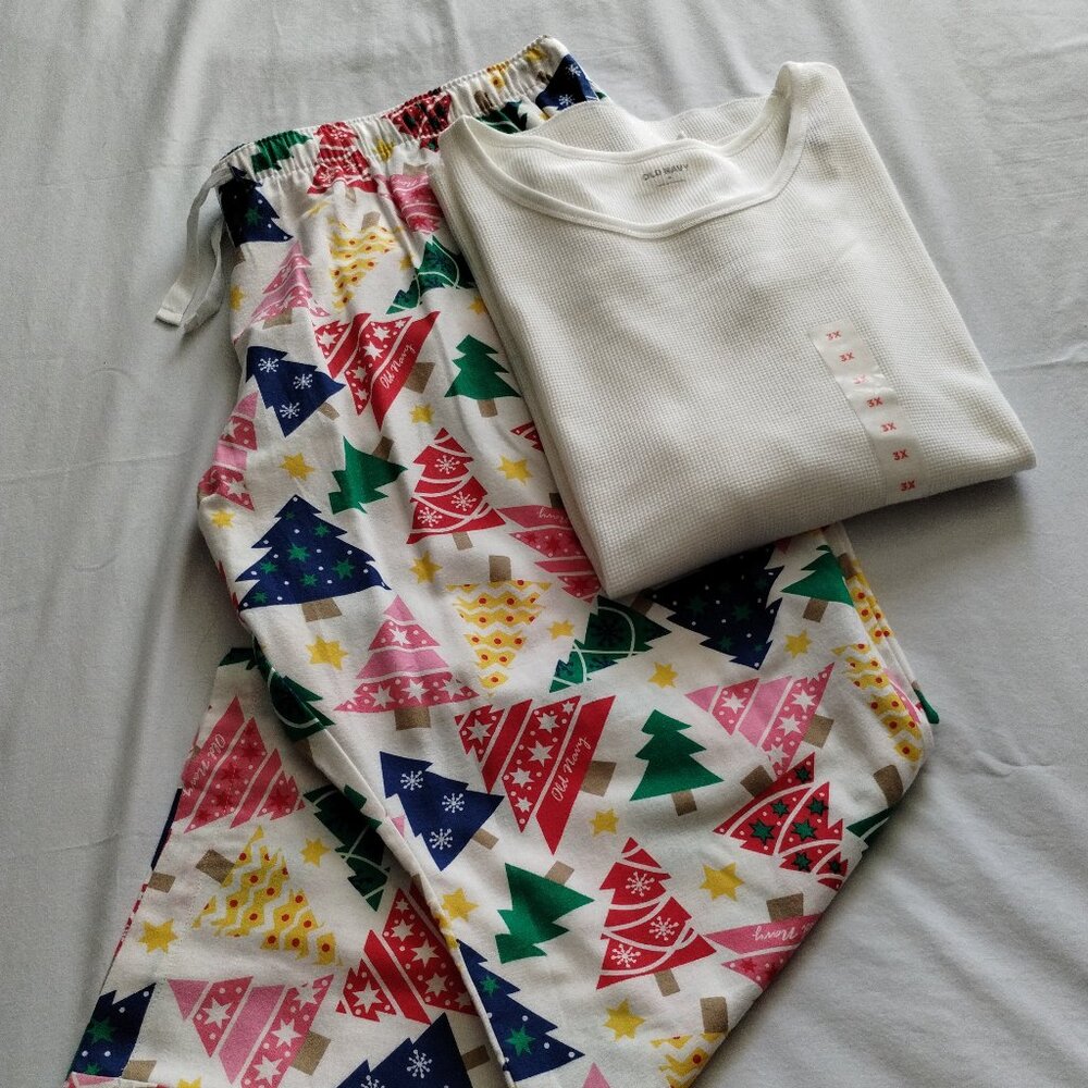 OLD NAVY PJ Set White Thermal Knit Sleep Top & Multi-Color FLANNEL PJs Sz 3X